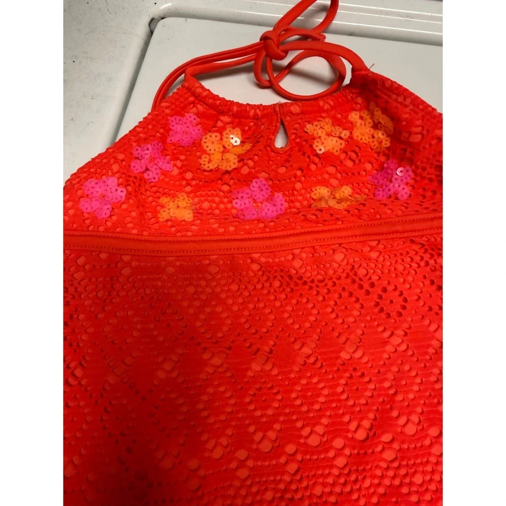 Justice Girl Neon Orange Eyelet Lace Tankini Swimsuit Set Sequin Floral Halter 6